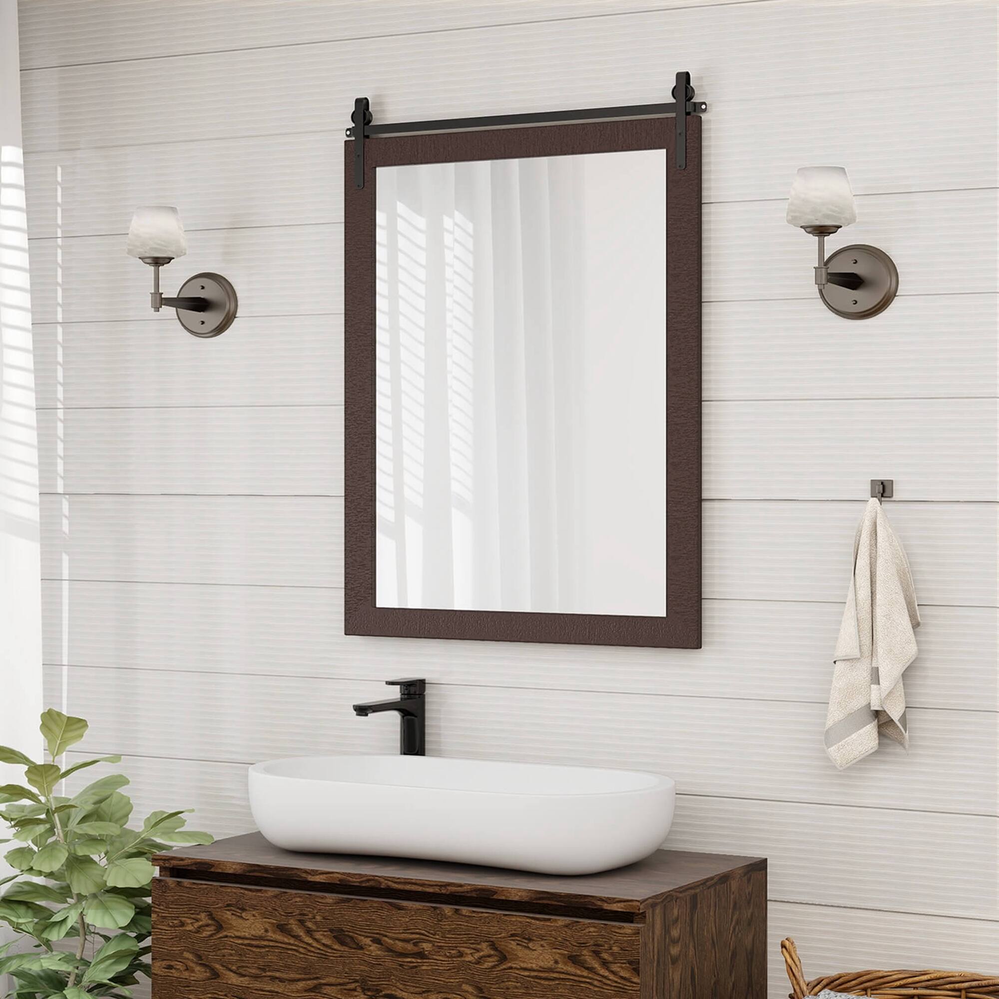 Alt View 1. Costway - Costway 30"x22" Wall Mount Mirror Decor Vanity Mirror Wood Frame Barn Door Style - Walnut.