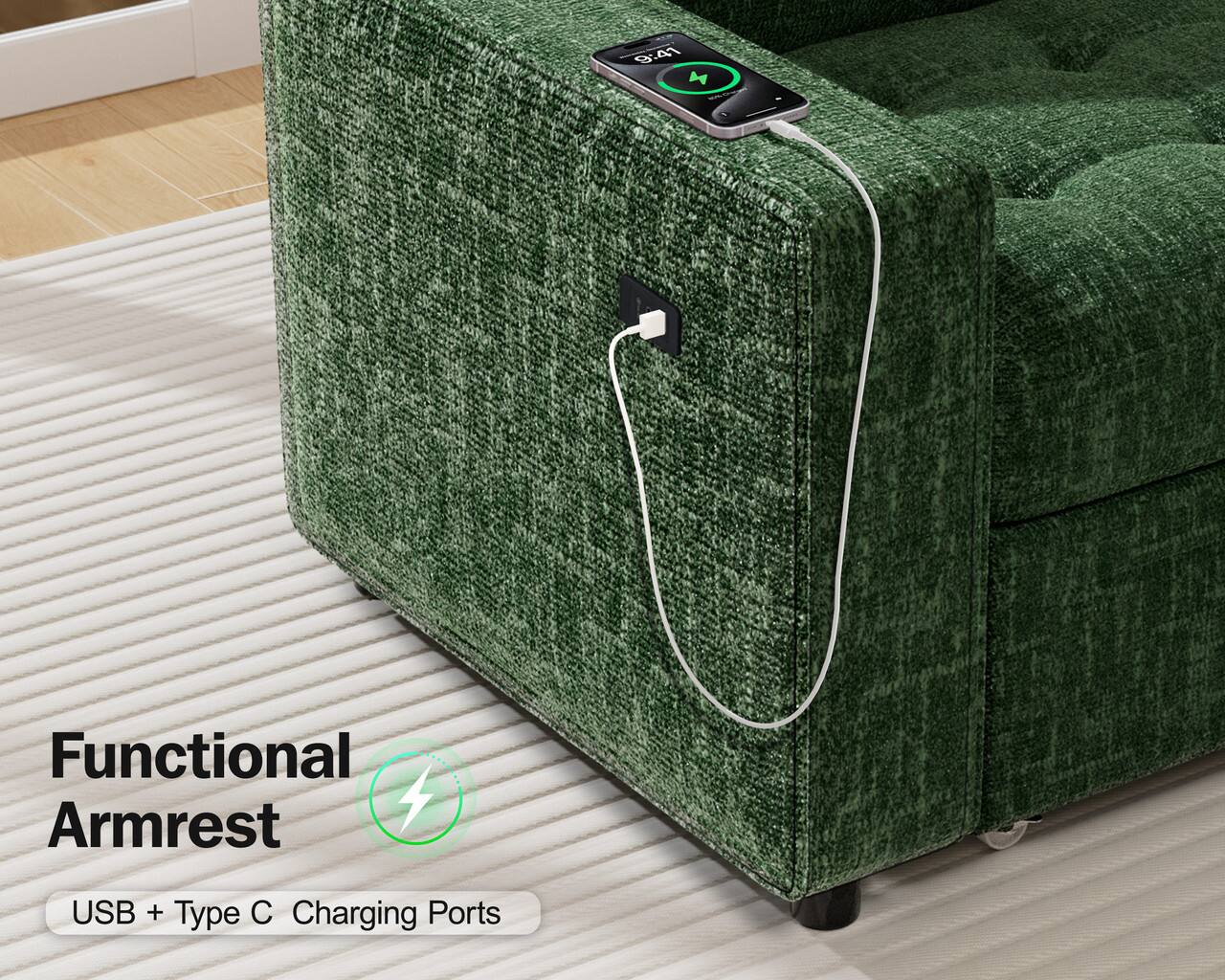 Functional Armrest  
USB + Type C Charging Ports