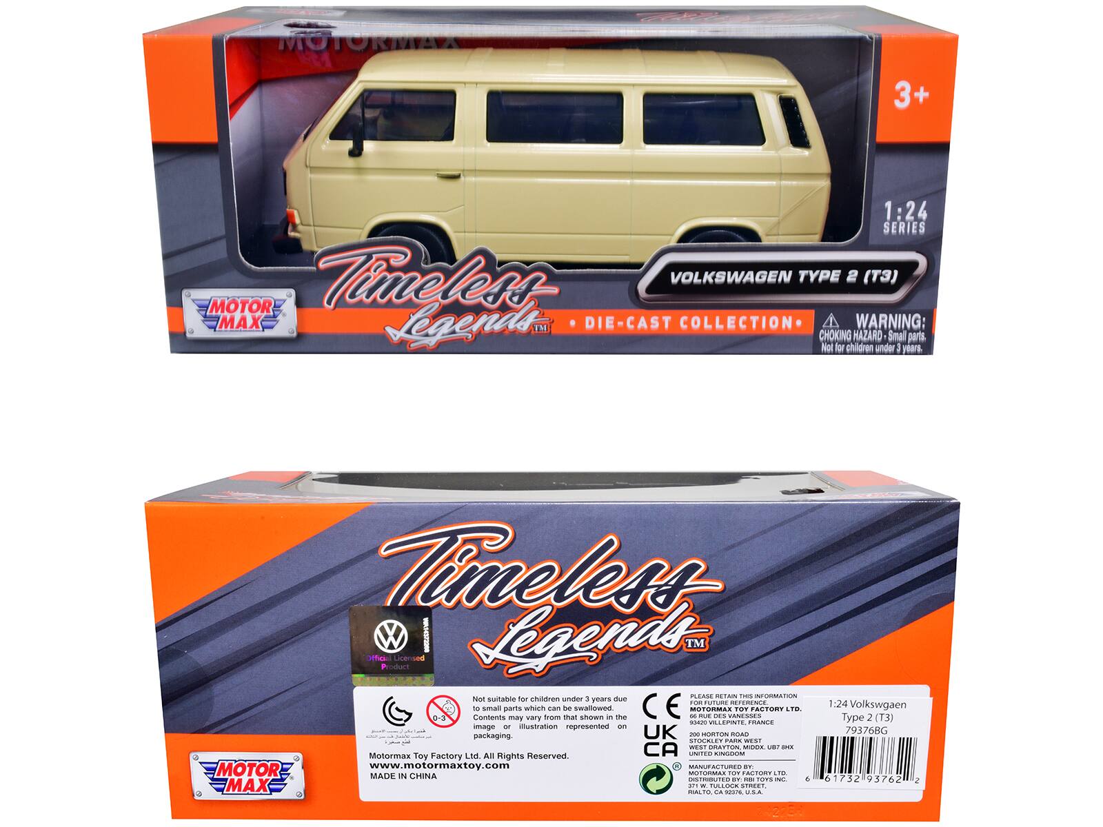 MOTORMAX 3+ 1:24 SERIES Timeless VOLKSWAGEN TYPE 2 (T3) MOTOR MAX Legends™ DIE-CAST COLLECTION

WARNING: CHOKING HAZARD - Small parts. Not for children under 3 years.

Timeless - Legends™ - Licensed Product

PLEASE RETAIN THIS INFORMATION

Not suitable for children under 3 years due to small parts which can be swallowed

Contents may vary from that shown in the image or illustration represented on packaging.

MOTORMAX LTD. All Rights Reserved.

MOTOR MAX

1:24 Volkswagen Type 2 (T3)

79376BG

MOTORMAX TOY FACTORY LTD. All Rights Reserved.

www.motormaxtoy.com

MADE IN CHINA

DISTRIBUTED BY: RIBB TOYS INC. 200 HORTON ROAD, STOCKLEY PARK, UK WEST 2, U.S.A.