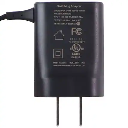 Switching Adapter
MODEL: DSA-5PF18-05
FUS 050100
P/N: 20WND010002
INPUT: 100-240V~50/60Hz 0.15A
OUTPUT: 5.0V=1.0A, 5.0W
EFFICIENCY LEVEL: VI
FC
I.T.E. L.P.S. Power Supply
UL US LISTED E484351
Made in China 3223HF (G)
SHENZHEN BAIJUNDA ELECTRONIC CO., LTD