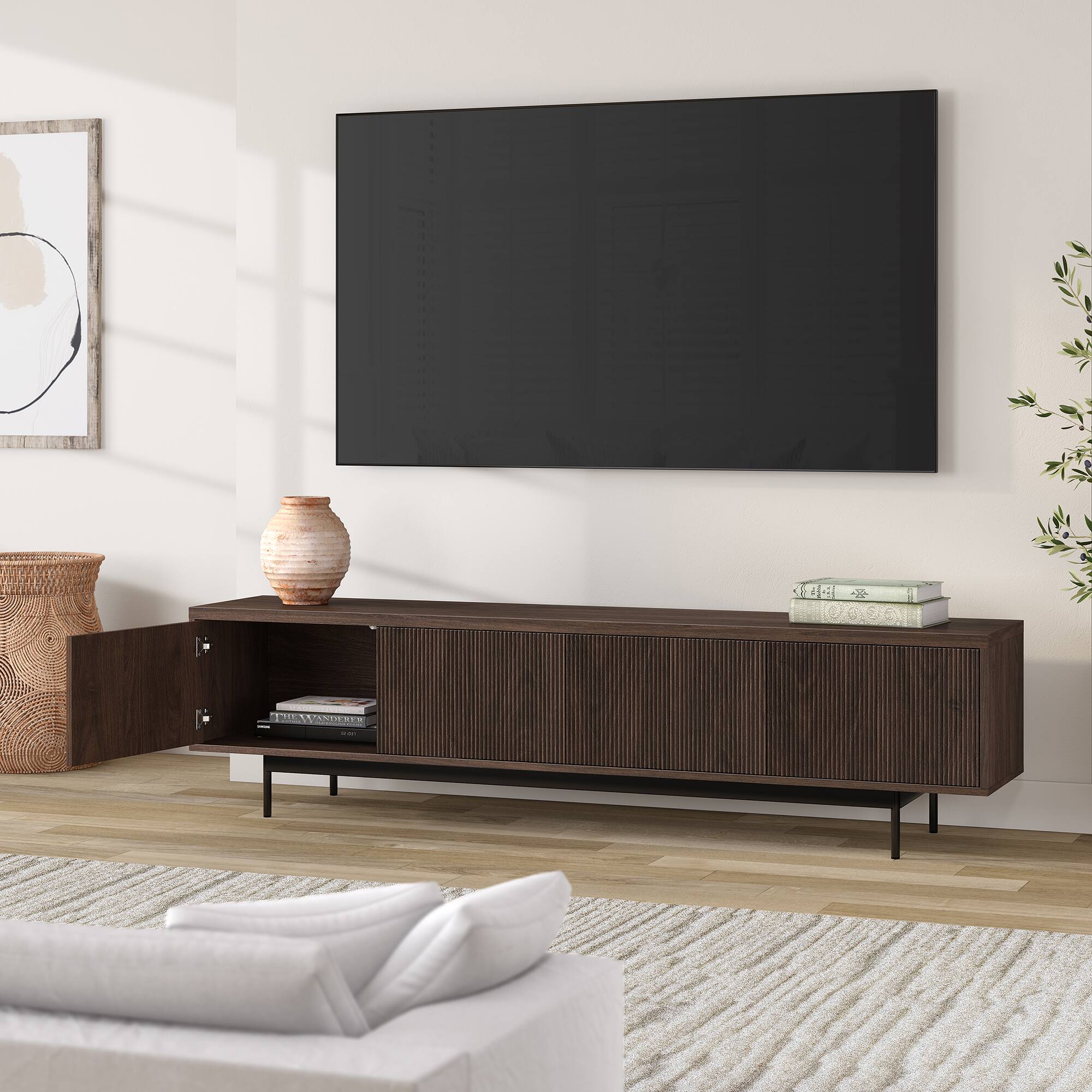 Alt View 4. Hudson&Canal - Whitman Rectangular Fluted TV Stand for TV's up to 85" in Alder Brown - Alder Brown.