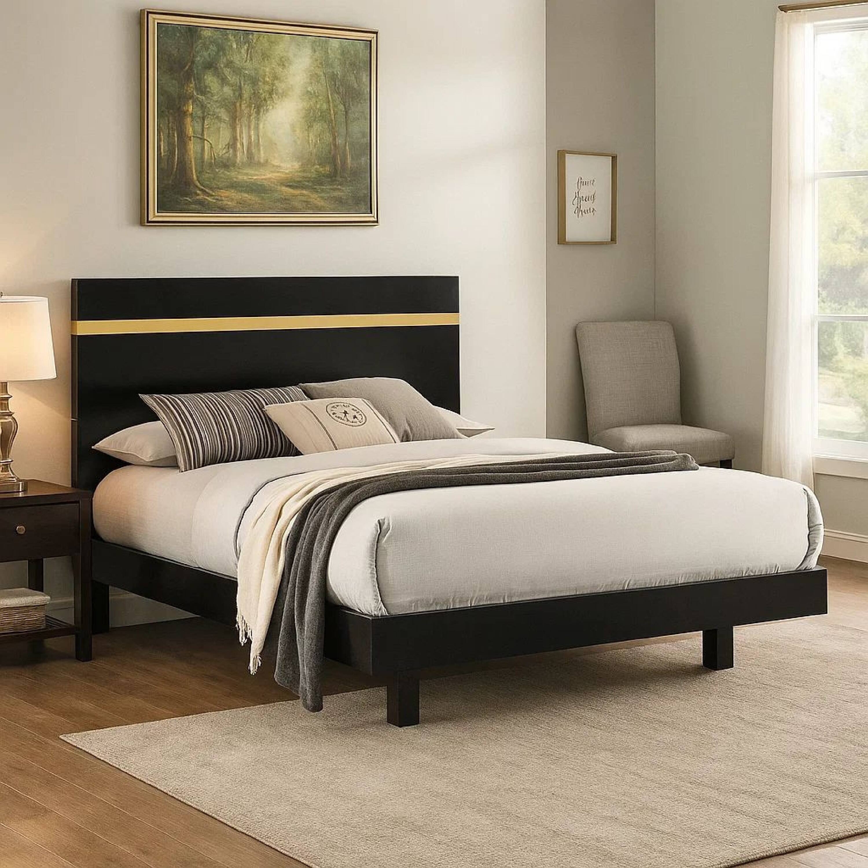 Alt View 5. Manhattan Lane - Yoki Queen Size Bed w Underbed LED, Acrylic Gold Trim, Black Frame - Black, Gold.