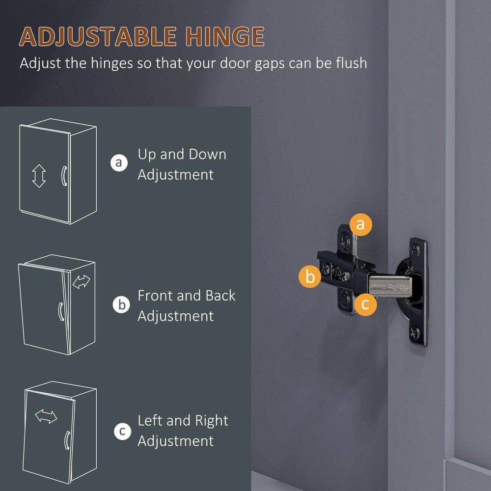 ADJUSTABLE HINGE  
Adjust the hinges so that your door gaps can be flush  

a. Up and Down Adjustment  
b. Front and Back Adjustment  
c. Left and Right Adjustment