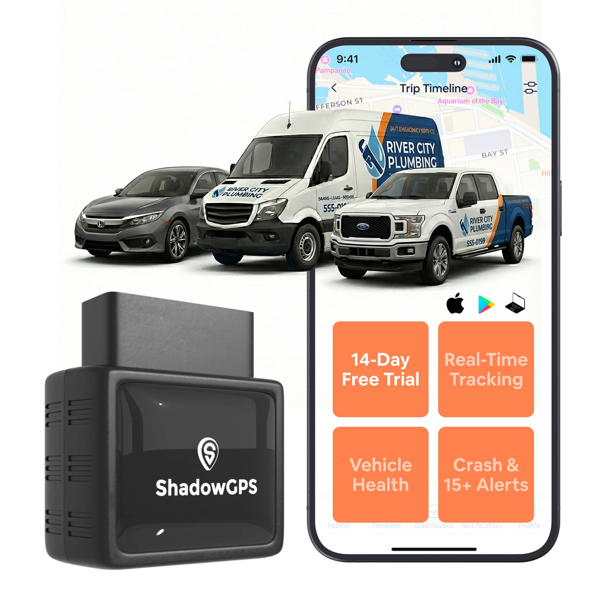 ShadowGPS - GPS Tracker for Vehicles – OBD-II Car Tracker Device with Real-Time Alerts, Trip History & App – Vehicle GPS Tracker - Black