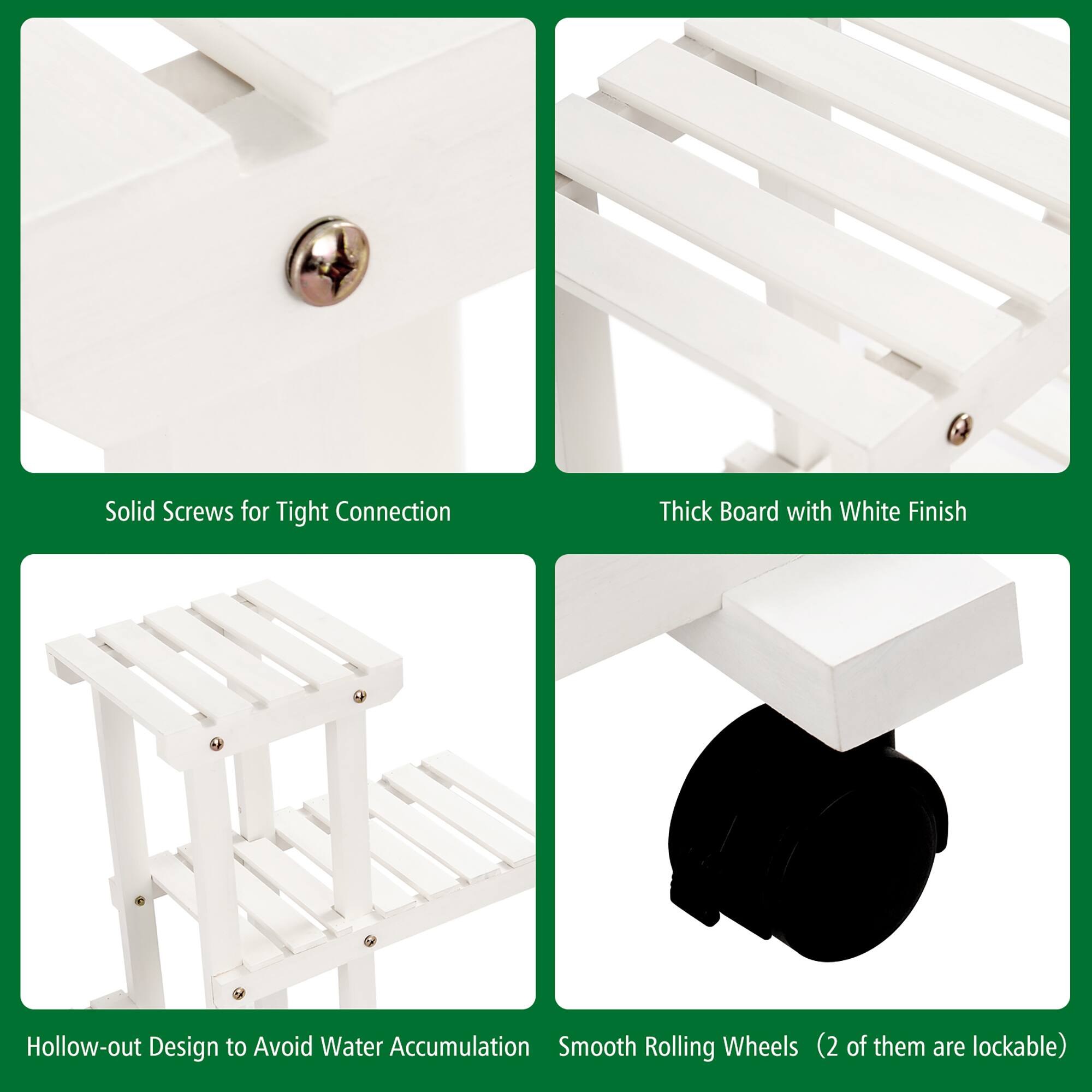 The image shows a white bench with a thick board and white finish. The bench has solid screws for a tight connection, and it also features a hollow-out design to avoid water accumulation. Additionally, the bench has smooth rolling wheels, with two of them being lockable.