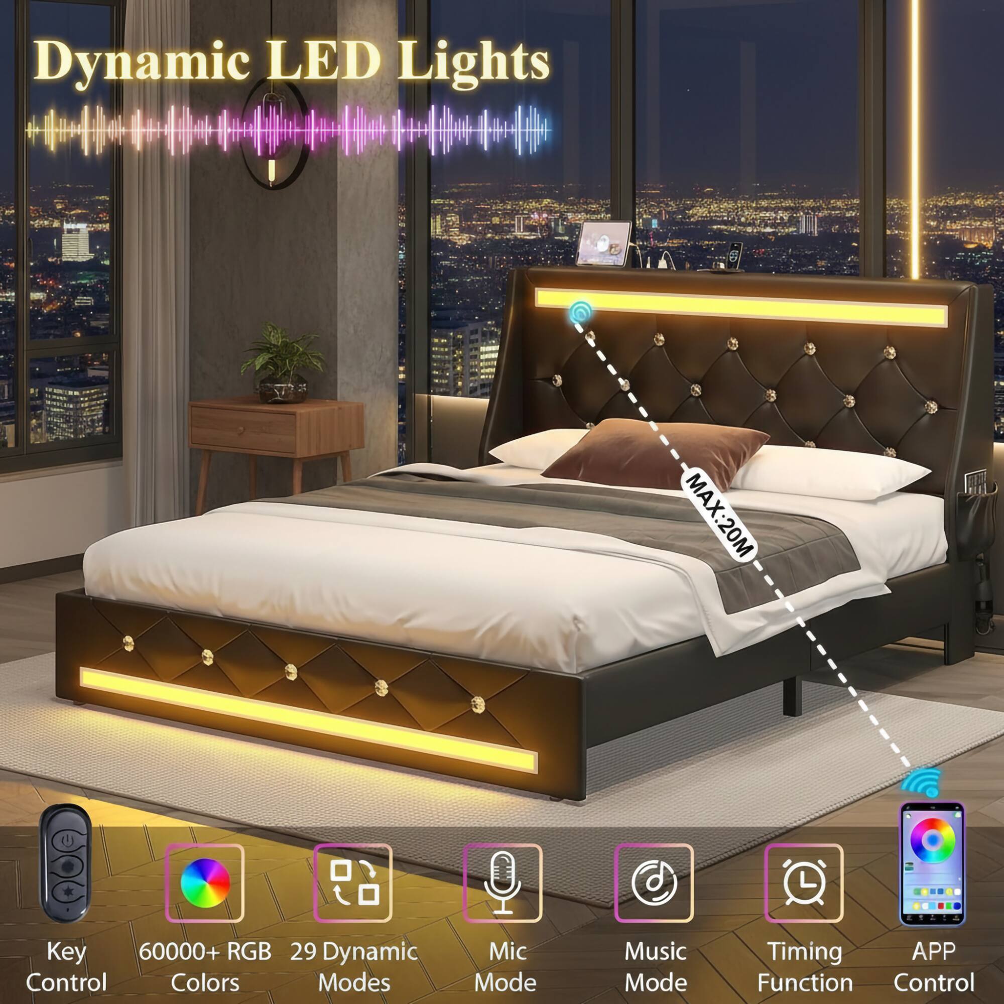 Dynamic LED Lights  
MAX: 20M  
Key Control  
60000+ RGB Colors  
29 Dynamic Modes  
Mic Mode  
Music Mode  
Timing Function  
APP Control