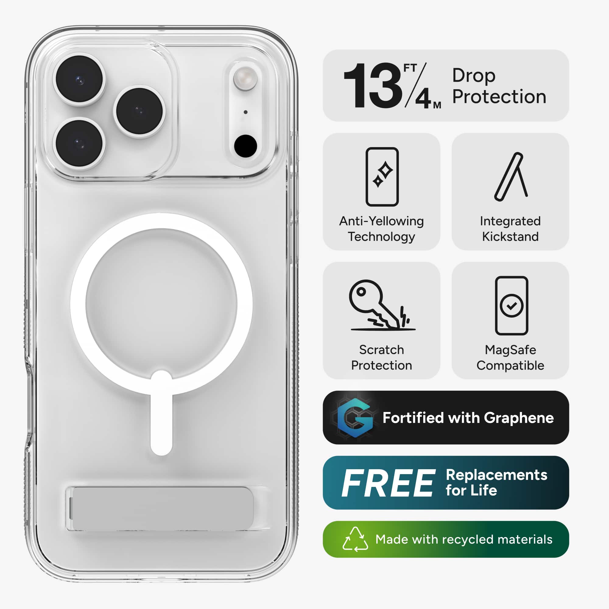 - 13 FT / 4 M Drop Protection
- Anti-Yellowing Technology
- Integrated Kickstand
- Scratch Protection
- MagSafe Compatible
- Fortified with Graphene
- FREE Replacements for Life
- Made with recycled materials