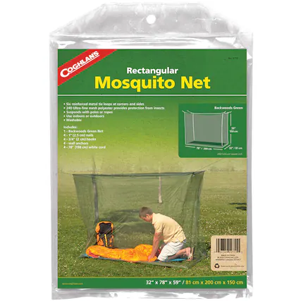 COGHLANS Rectangular Mosquito Net
- Six reinforced metal tie loops at corners and sides
- 240 Ultra-fine mesh polyester provides protection from insects
- Suspends with poles or ropes
- Use indoors or outdoors
- Washable
Includes:
1. Backwoods Green Net
1" (2.5 cm) nails
4 3/4" (2 cm) hooks
4 wall anchors
78" (198 cm) white cord
Dimensions: 32" x 78" x 59" / 81 cm x 200 cm x 150 cm
www.coghans.com