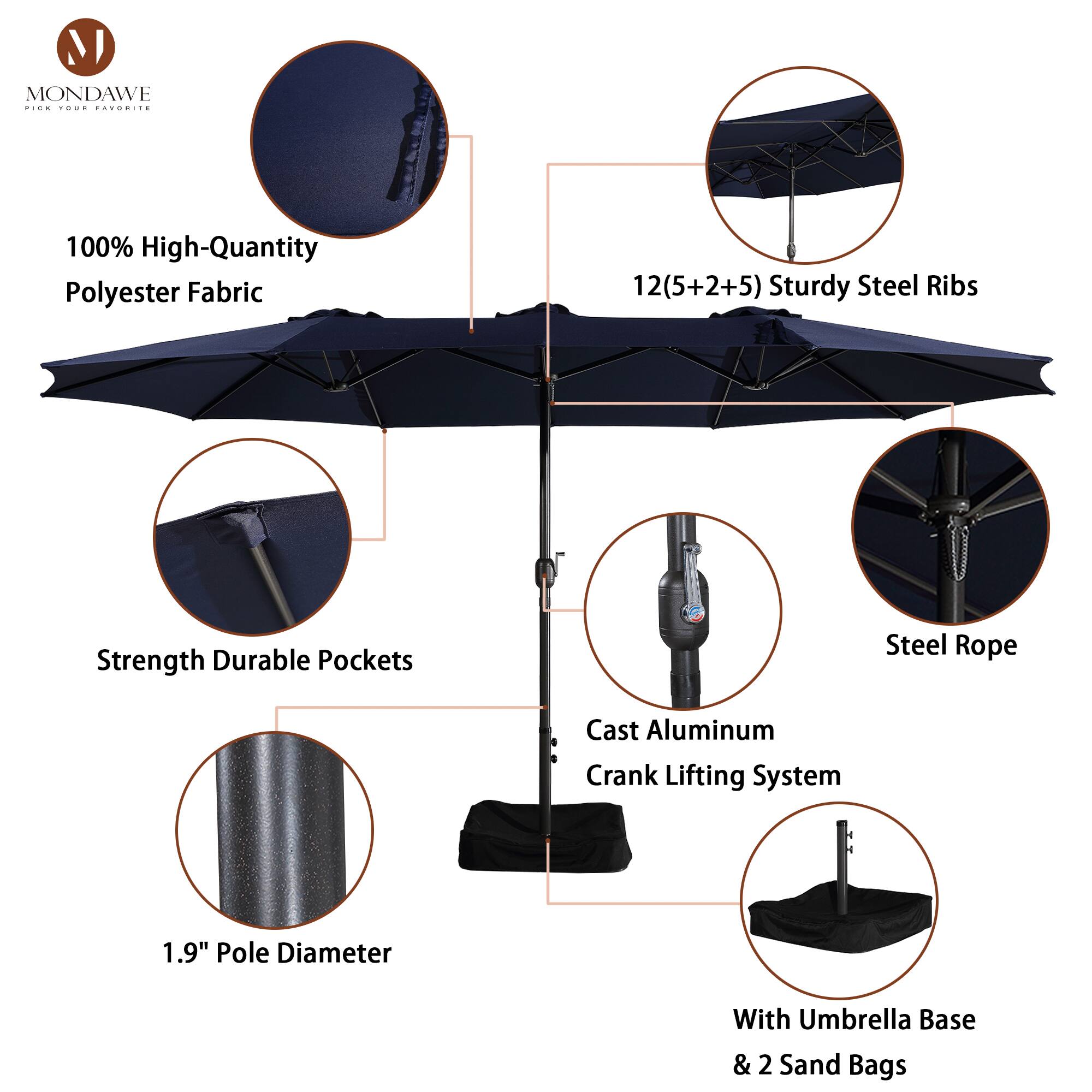 Mondawe  
100% High-Quantity Polyester Fabric  
12(5+2+5) Sturdy Steel Ribs  
Strength Durable Pockets  
Steel Rope  
Cast Aluminum Crank Lifting System  
1.9" Pole Diameter  
With Umbrella Base & 2 Sand Bags