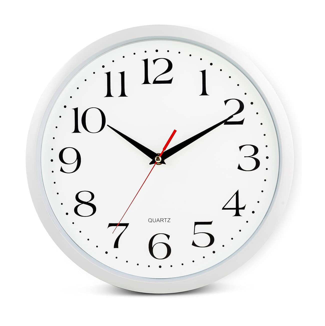 FINEAK - 12" Silent Wall Clock, Battery Operated, Easy Read, Black Hands - White