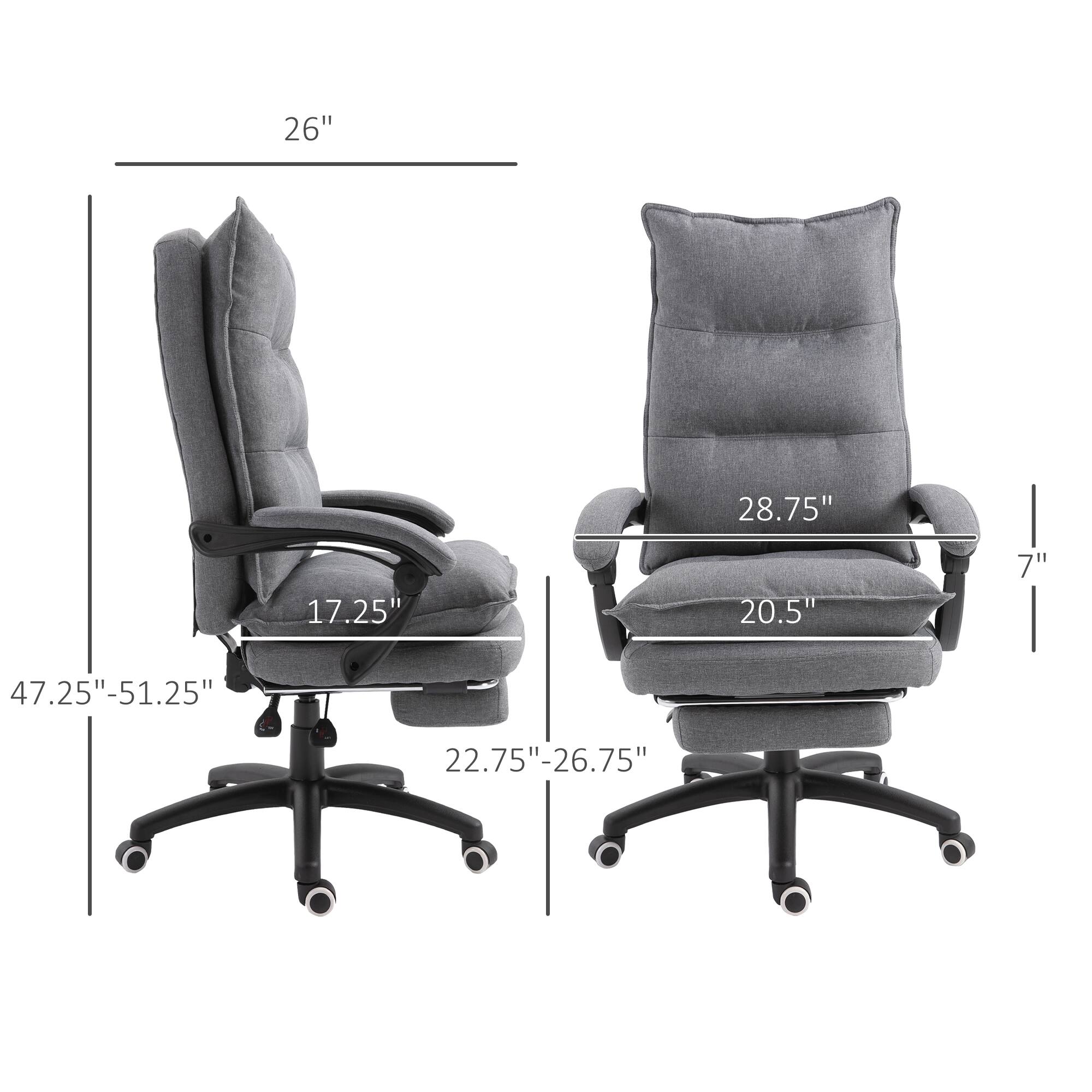The dimensions of the chair are:

- Height: 26"
- Width: 47.25"-51.25"
- Depth: 17.25"
- Seat height: 22.75"-26.75"
- Back height: 28.75"
- Armrest width: 20.5"
- Wheel diameter: 7"