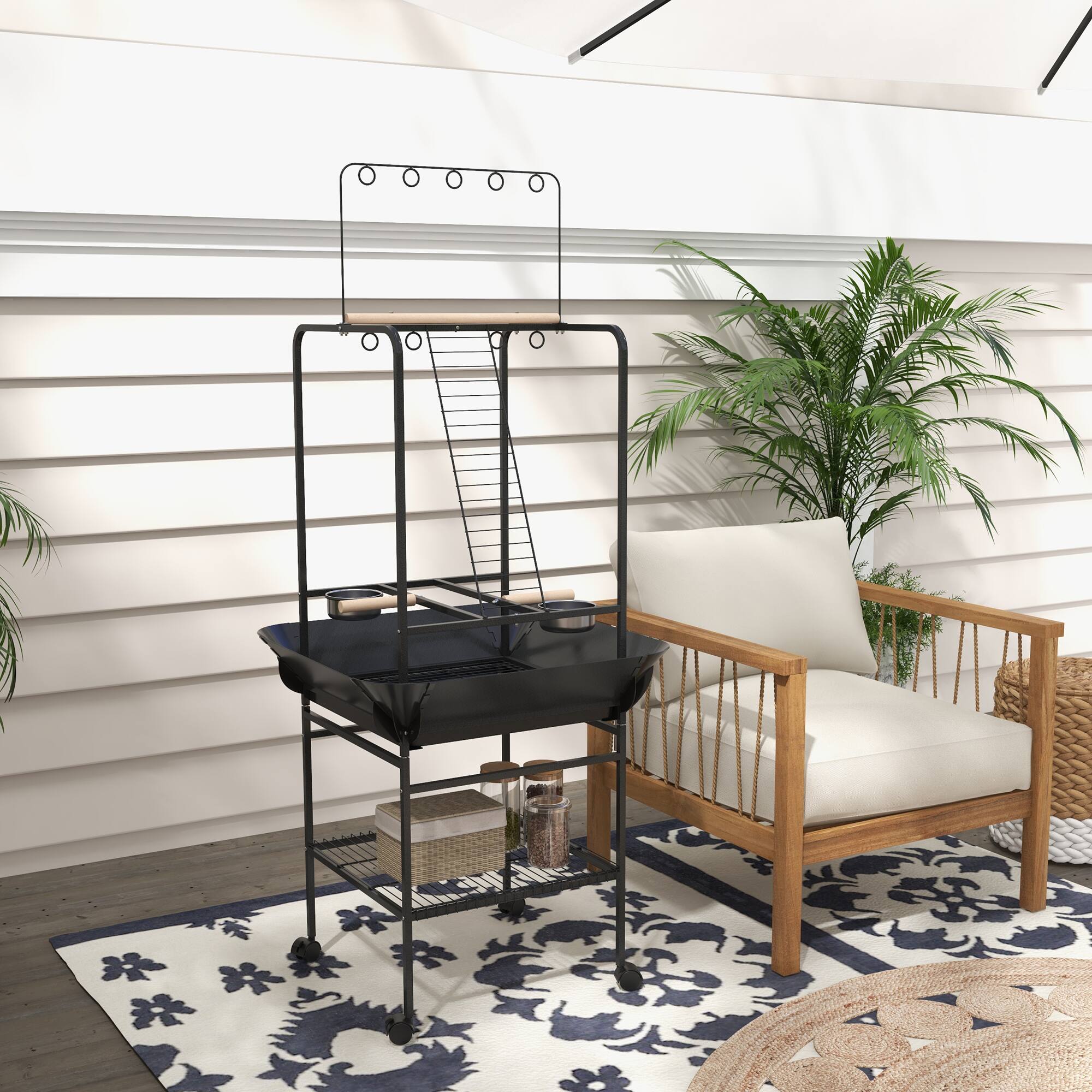 Alt View 5. Pawhut - Bird Stand with Wheels, Perches, Stainless Steel Feed Bowls, Pull-Out Tray, Toy Hanger, Indoor Outdoor Parrot - Gray.