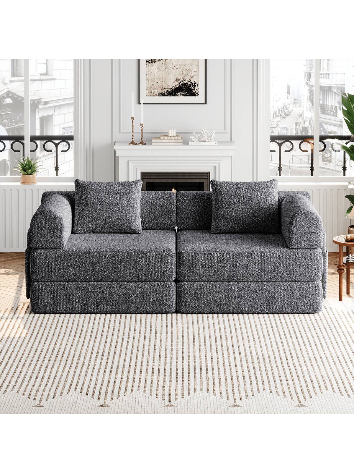 Left. Trinkets Crazed - Convertible Sofa Bed, 72.4" Loveseat Sofa With Storage Pockets Modular Sleeper Couch Chenille Folding Floor Couch - Gray.