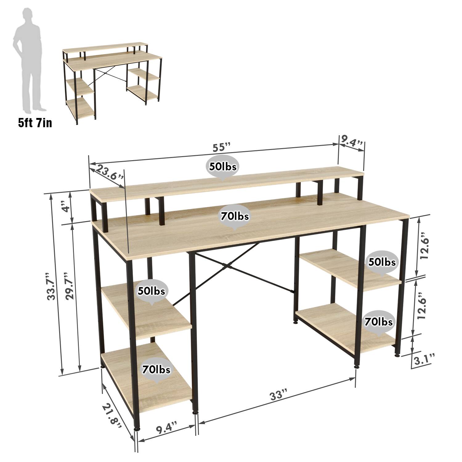 The text on the image reads:

"5ft 7in" "4" "33.7" "29.7" "-23.6" "50lbs" "55" "50lbs" "70lbs" "9.4" "9" "50lbs" "70lbs" "12.6" "12.6" "70lbs" "3.1" "21" "21.8" ".8" "9.4" "33"