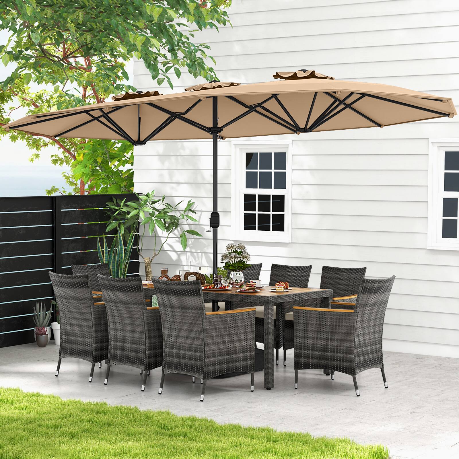 Alt View 4. Costway - 10 Pieces Patio Wicker Dining Set with Double-Sided Patio Umbrella 8 Armchairs - Coffee,Mix Brown.