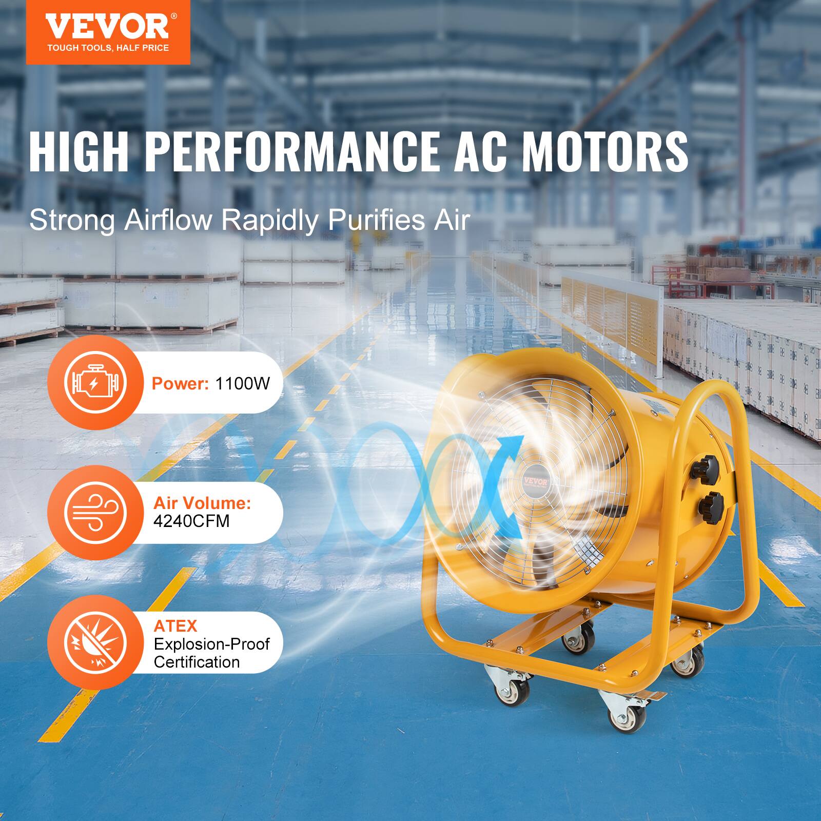 VEVOR TOUGH TOOLS, HALF PRICE

HIGH PERFORMANCE AC MOTORS
Strong Airflow Rapidly Purifies Air

Power: 1100W
Air Volume: 4240CFM

ATEX Explosion-Proof Certification
