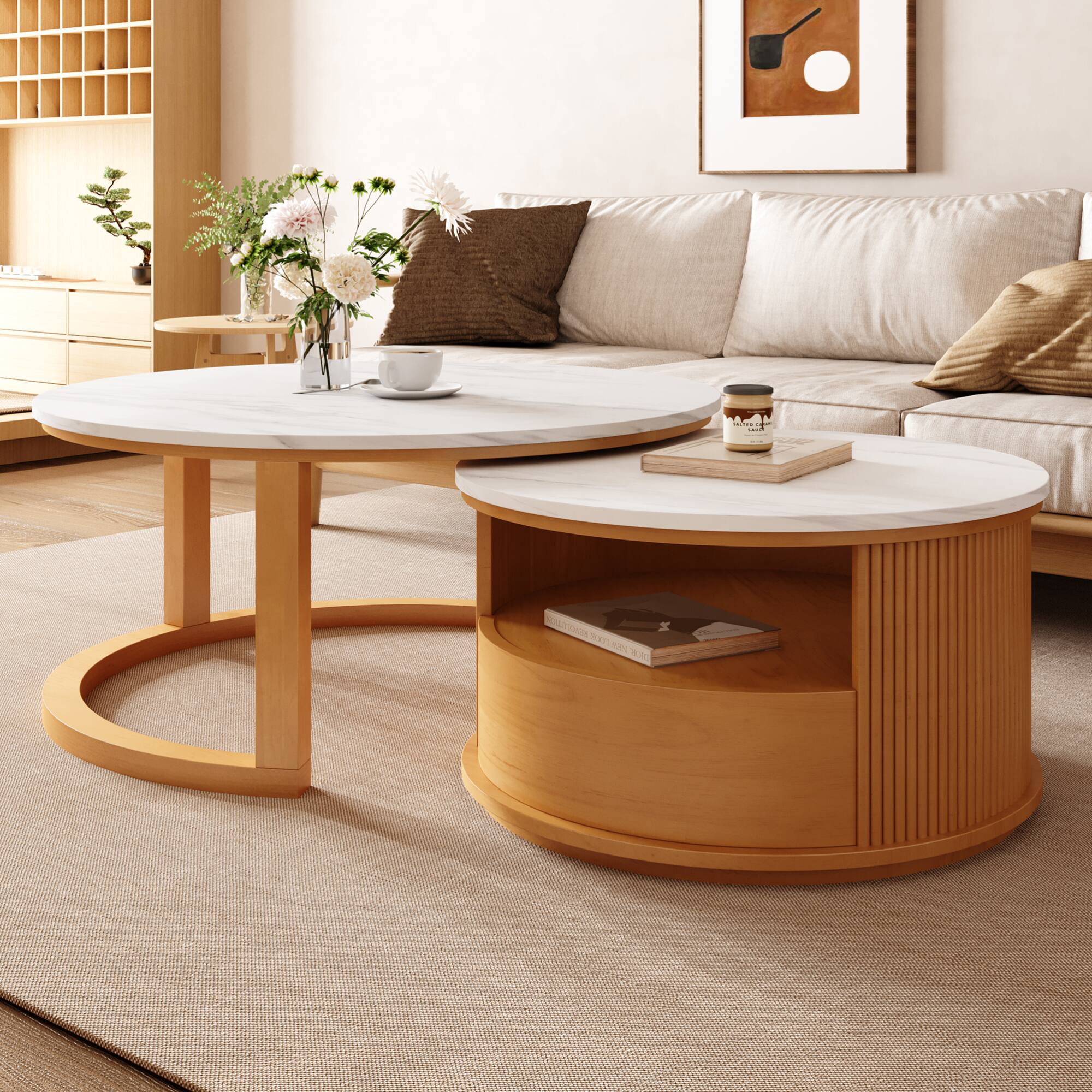 Back. GOODSILO - Modern Nesting Coffee Table Set with White Marble Top and Two-Tier Storage - Natural.