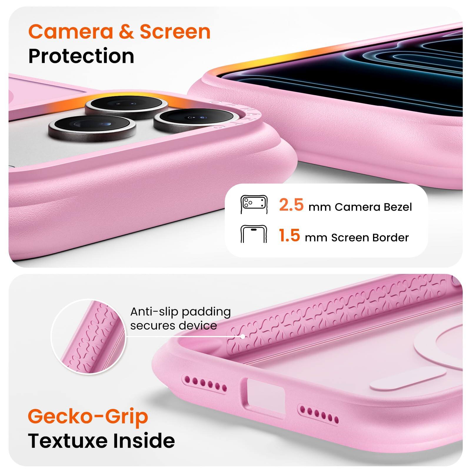 Camera & Screen Protection  
2.5 mm Camera Bezel  
1.5 mm Screen Border  
Anti-slip padding secures device  
Gecko-Grip Textuxe Inside