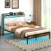 Front. Gymax - Gymax Full Size Bed Frame w/LED Light & Charging Station Heavy Duty Metal Platform Bed - Rustic Brown, Black, Grey.