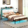 Gymax - Full Size Bed Frame w/LED Light & Charging Station Heavy Duty Metal Platform Bed - Rustic Brown, Black, Grey