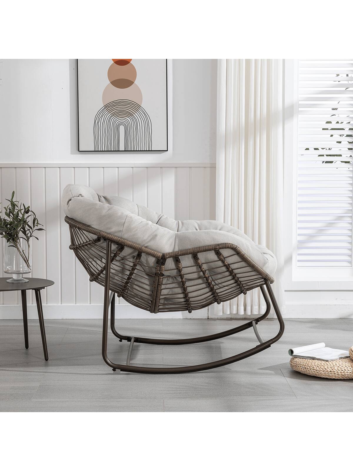 Back. Trinkets Crazed - Outdoor Patio Rocking Chair, Comfy Wicker Rocker Chair With Padded Cushion, Oversized Rattan Papasan Egg Chair - Beige.