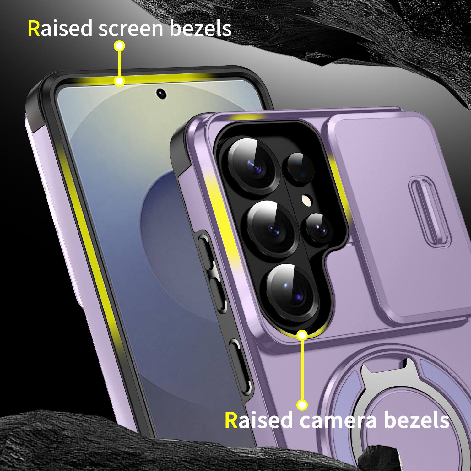 Raised screen bezels  
Raised camera bezels
