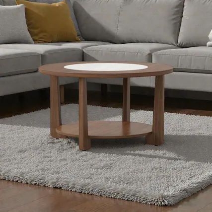 Front. Hivvago - Round Living Room Coffee Table with Contrasting Top and Open Display Shelf - Brown.