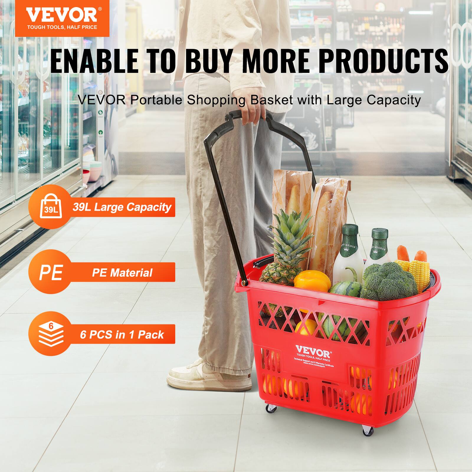 VEVOR TOUGH TOOLS, HALF PRICE ENABLE TO BUY MORE PRODUCTS

VEVOR Portable Shopping Basket with Large Capacity 39L

- 39L Large Capacity
- PE Material
- 6 PCS in 1 Pack