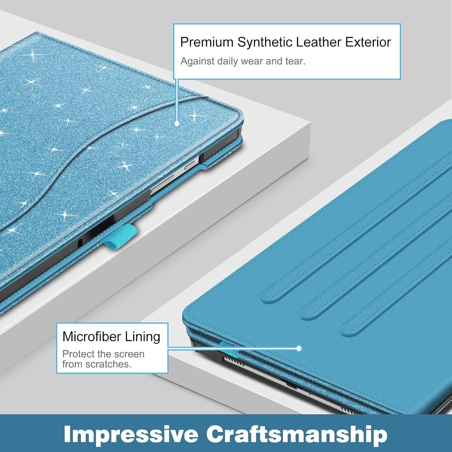 Premium Synthetic Leather Exterior  
Against daily wear and tear.  

Microfiber Lining  
Protect the screen from scratches.  

Impressive Craftsmanship