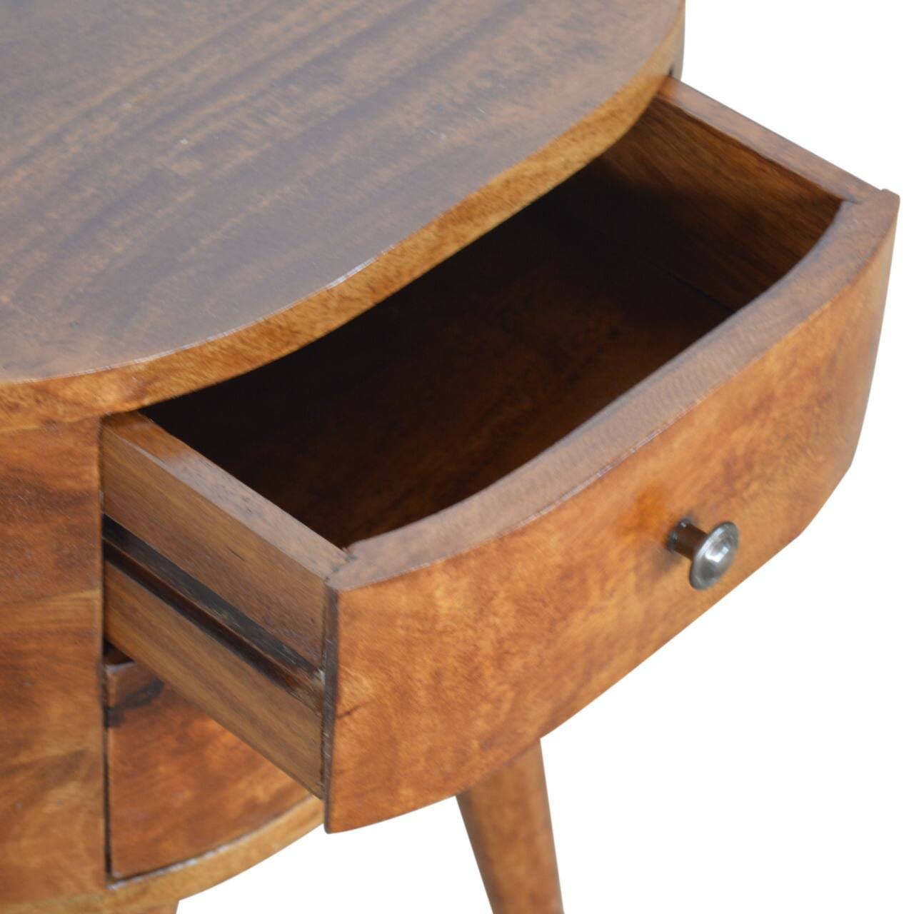Left. Artisan Furniture - Artisan Furniture Solid Wood Chestnut Rounded Nightstand Table, 2 Drawers, Nordic Legs, Dark Brown - Chestnut.