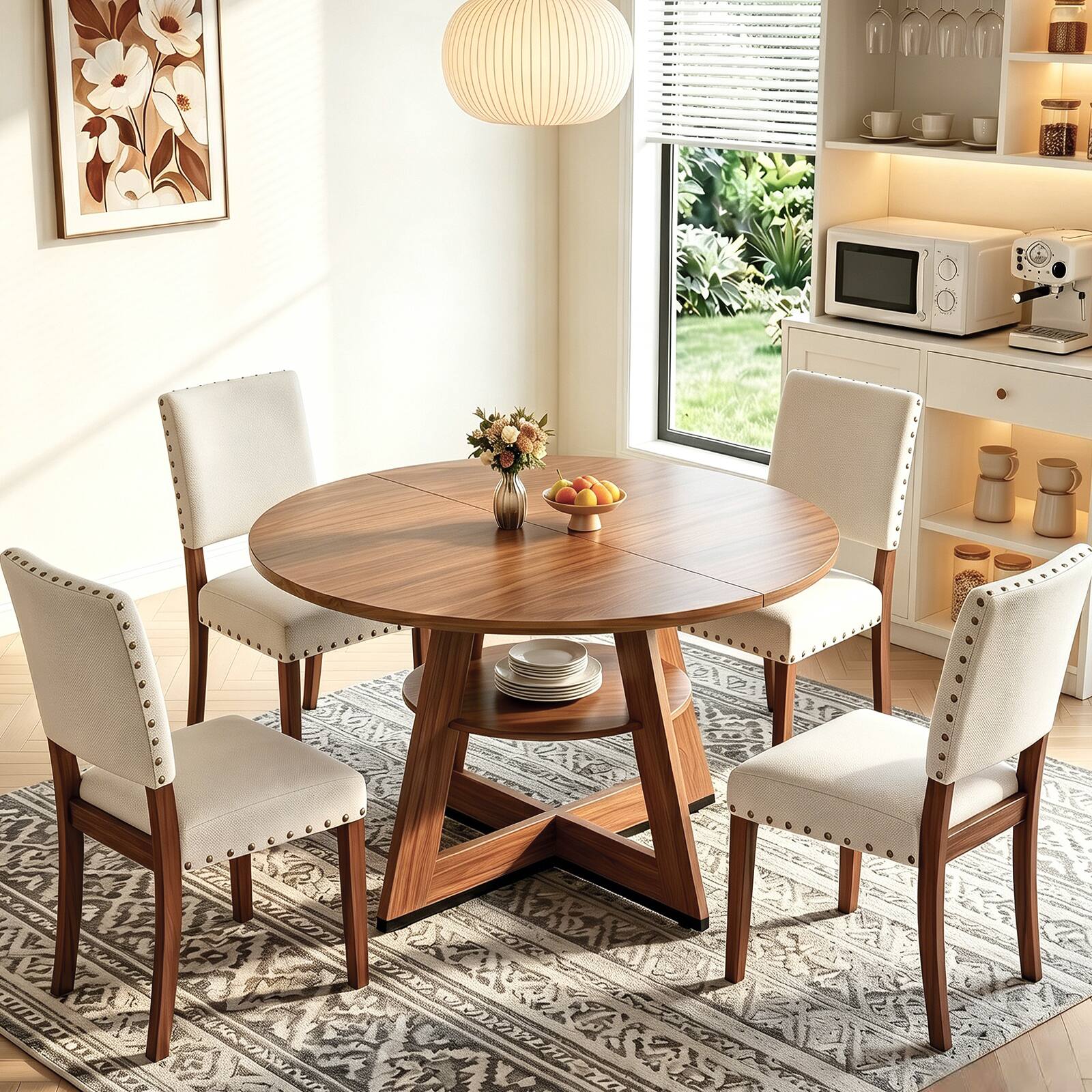 Alt View 3. Bestier - Modern Dining Table with Built-in Storage, Stable Triangular Base, Metal-Accented Legs - Brown Oak.