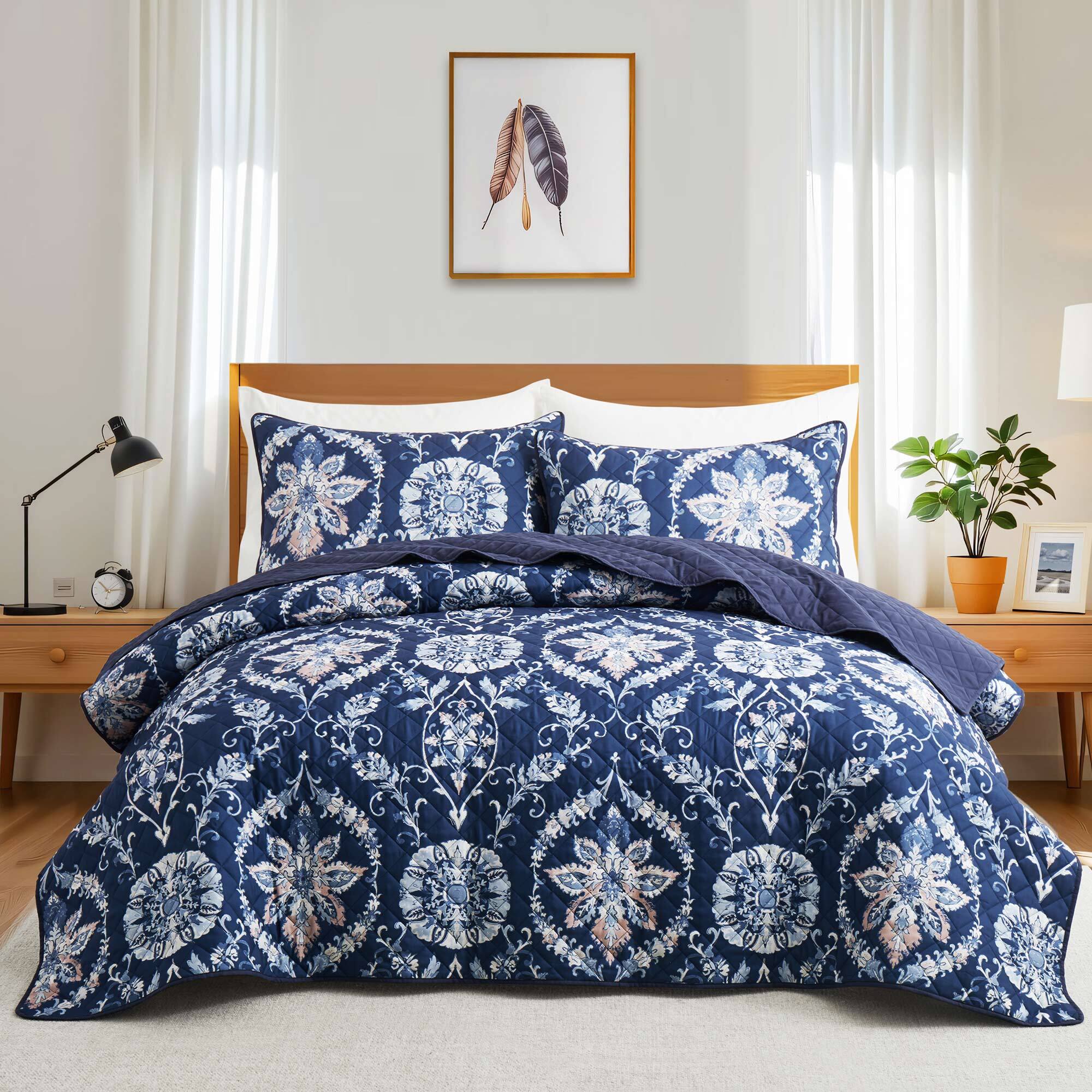 Angle. Nest - Peace Nest Soft Printed Coverlet Set Floral Geometric Bedspread Modern Reversible Quilt and Shams Set - Fallen Leaves.