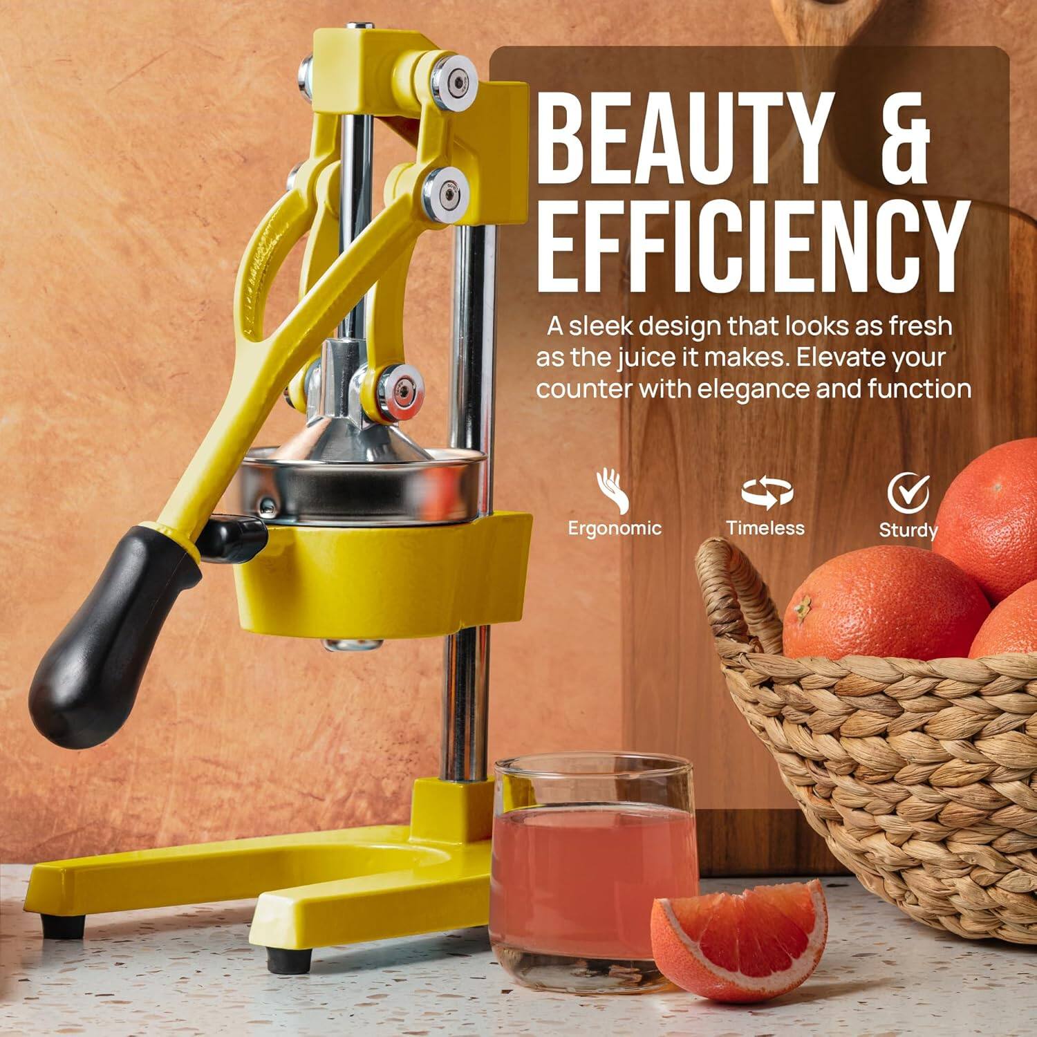 BEAUTY & EFFICIENCY

A sleek design that looks as fresh as the juice it makes. Elevate your counter with elegance and function

Ergonomic  
Timeless  
Sturdy