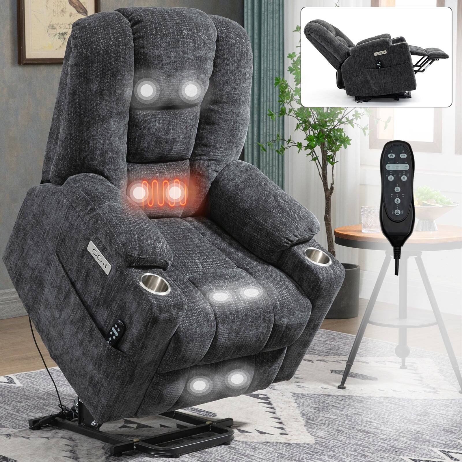 Alt View 3. Boyel Living - Large Power Lift Recliner Chair for Elderly with Heat, Massage, USB and Type-C Ports, Heavy Duty Wide Design - Grey.