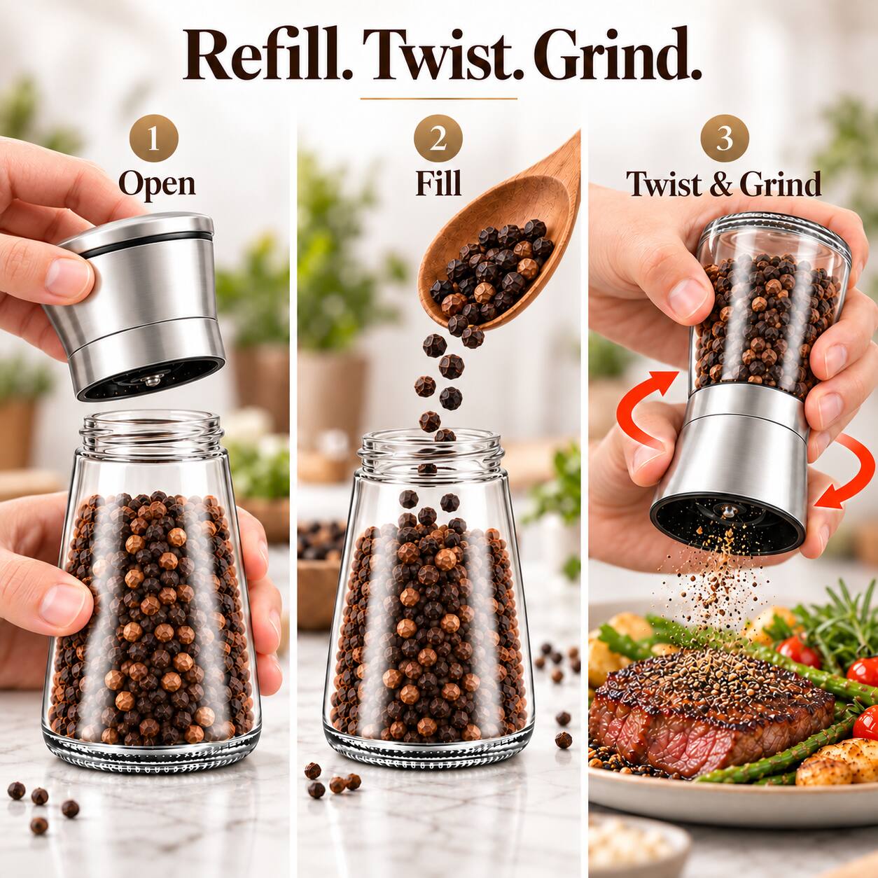 Refill. Twist. Grind.

1. Open
2. Fill
3. Twist & Grind