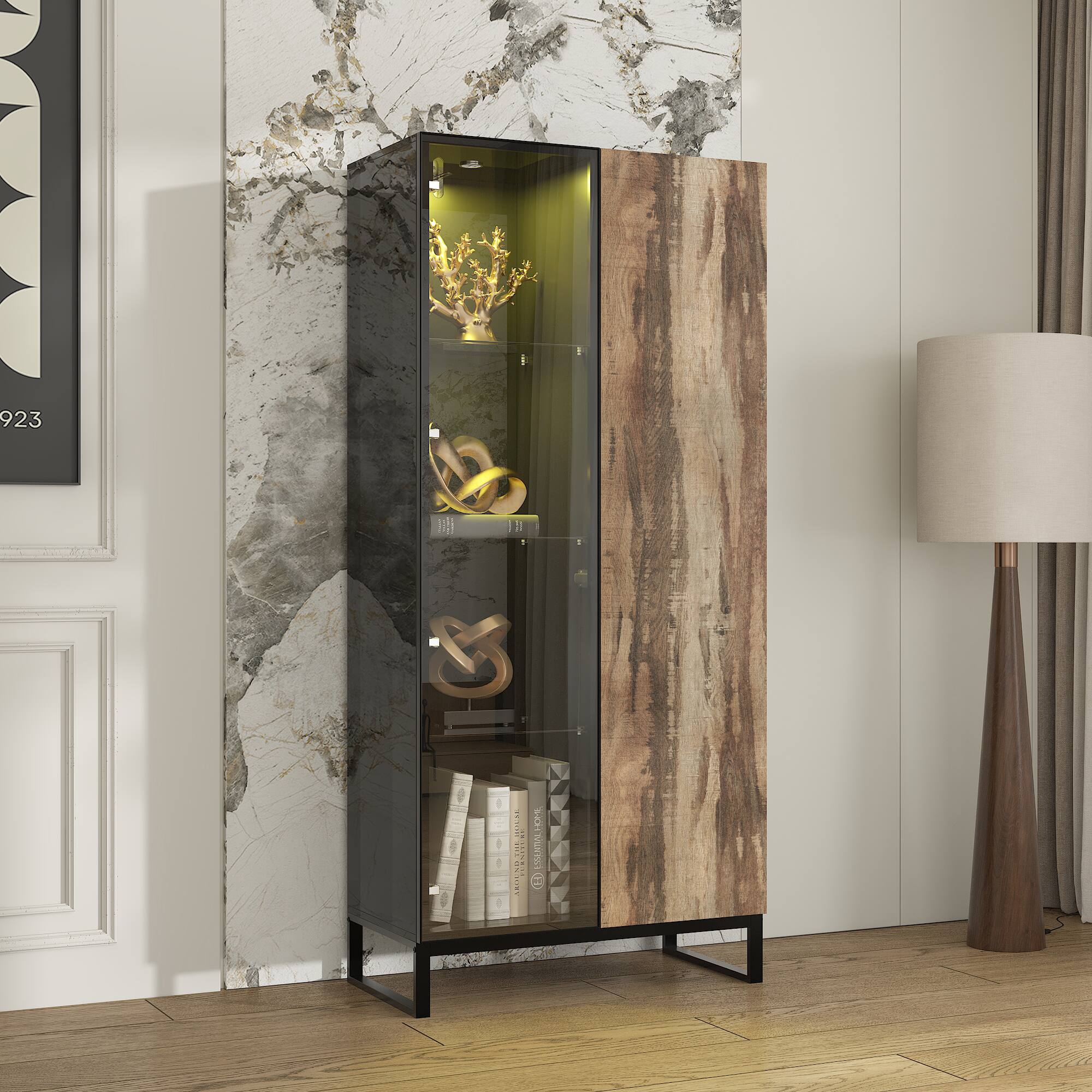 Left. Famapy - LED Lighted Display Storage Cabinet – Showcase Collectibles, Books & Figurines with Adjustable Shelves - Black & Brown.