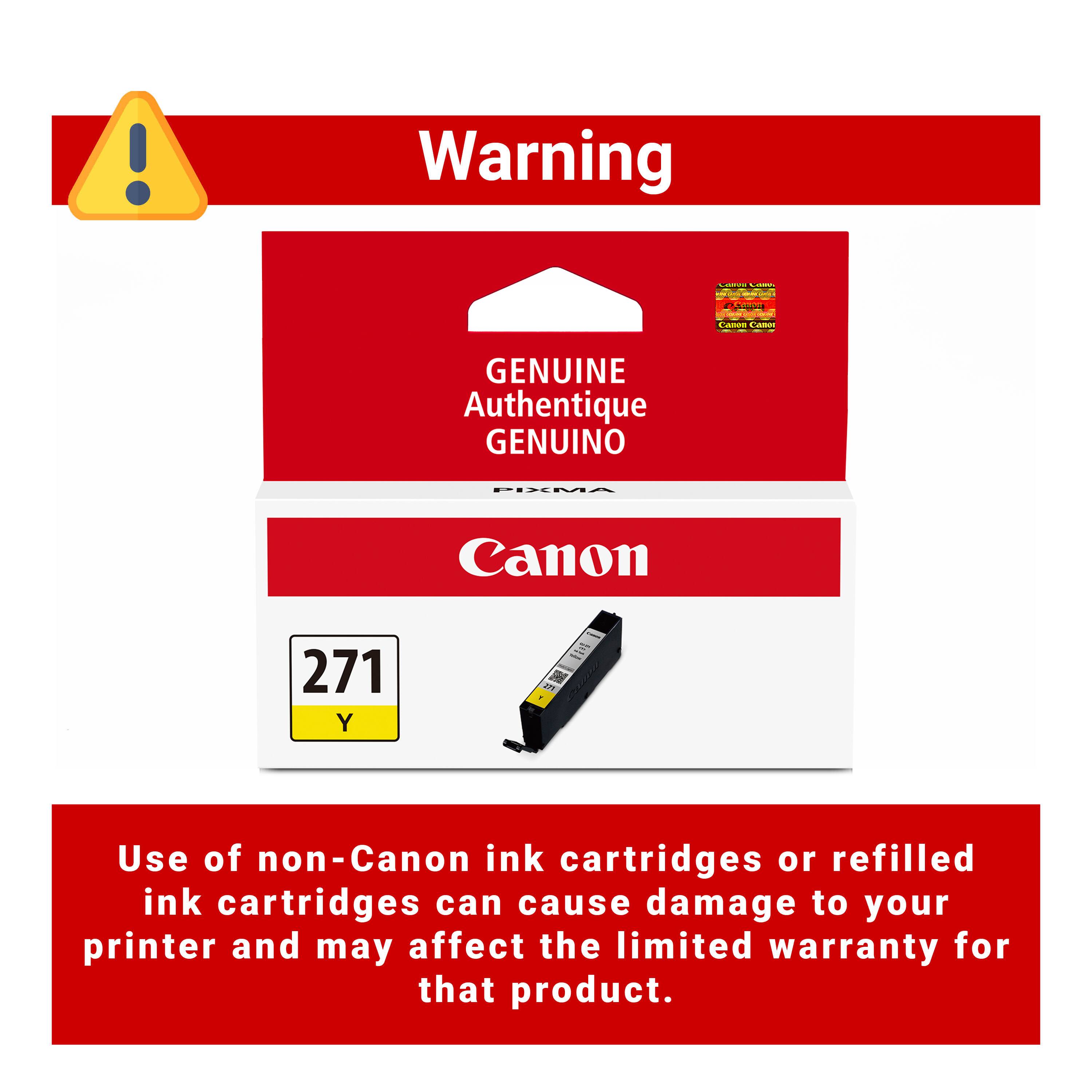 Warning

LIMAVE Calories  BROUT

Canon 2020

Canon Canor

GENUINE Authentique GENUINO

PIXMA

Canon

271 Y

Use of non-Canon ink cartridges or refilled ink cartridges can cause damage to your printer and may affect the limited warranty for that product.