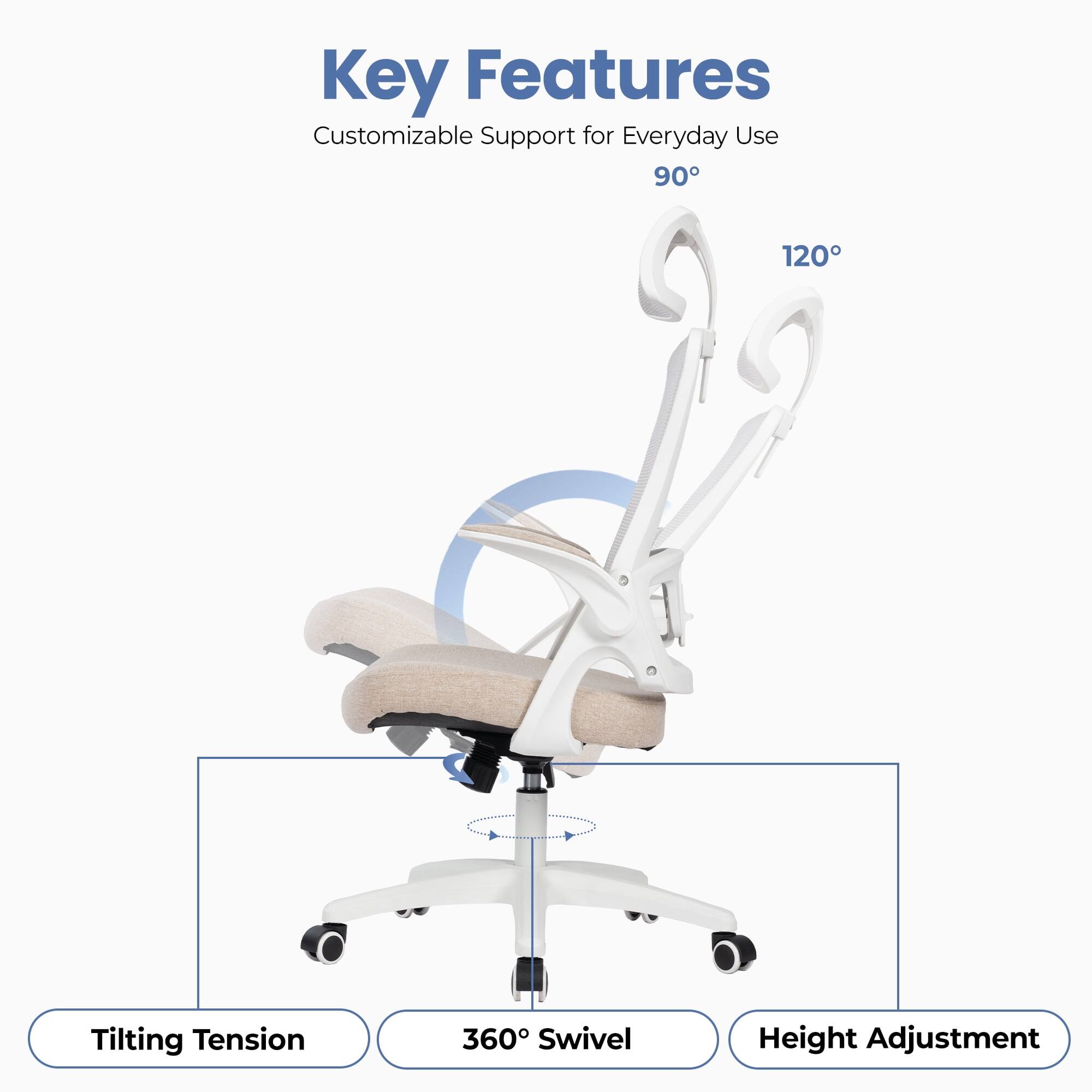 Key Features  
Customizable Support for Everyday Use  
90°  
120°  
Tilting Tension  
360° Swivel  
Height Adjustment