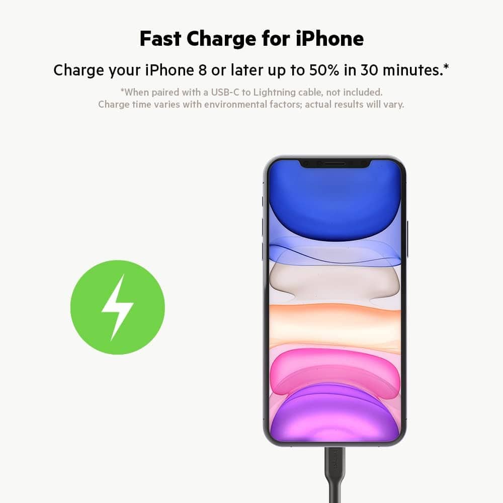 Fast Charge for iPhone: Charge your iPhone 8 or later up to 50% in 30 minutes. When paired with a USB-C to Lightning cable, not included. Charge time varies with environmental factors; actual results will vary.
