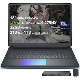 Dell - Upgraded - Alienware 18 18" QHD+ 300Hz Gaming Laptop,Intel Ultra 9 275HX,RTX 5070 Ti,32GB,2TB SSD+1TB Dock, Win 11 Pro - Liquid Teal