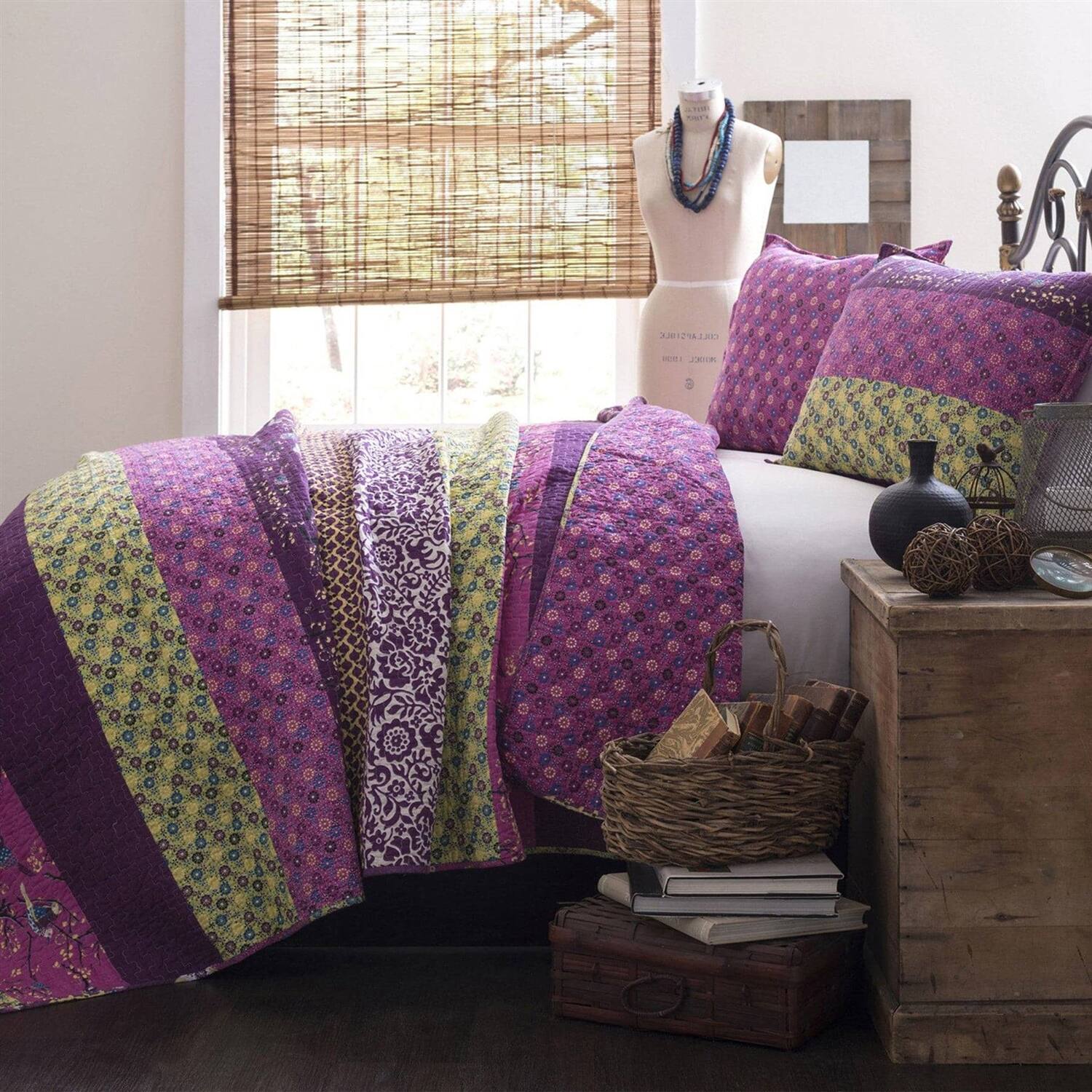 Front. Hivvago - King size Vibrant Purple Yellow Boho Floral Reversible Lightweight Quilt Set - Purple Yellow.