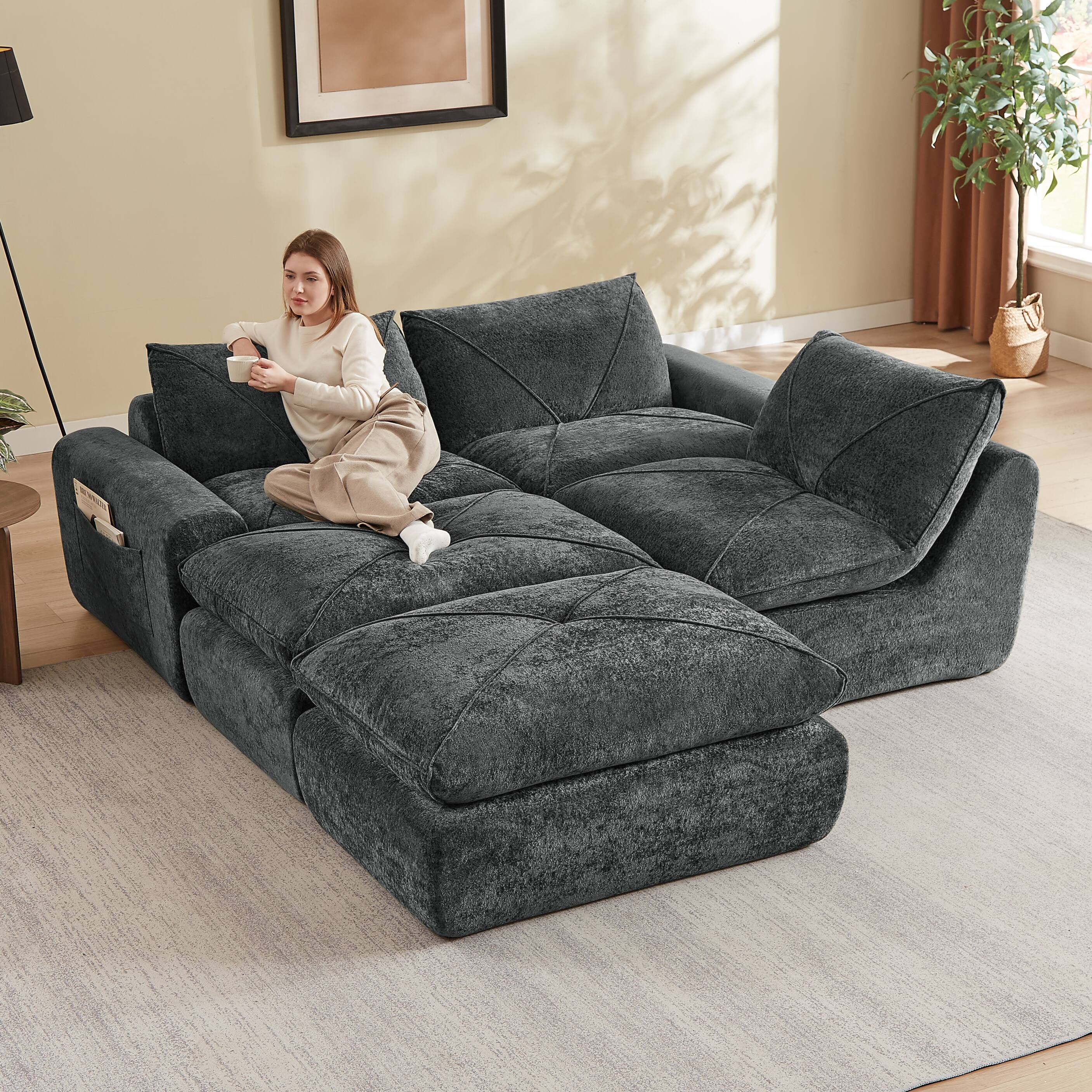 Alt View 2. Loheer - Loheer Chenille Sectional Sofa Modern Minimalist Couch with Ottoman for Living Room - Dark Gray.