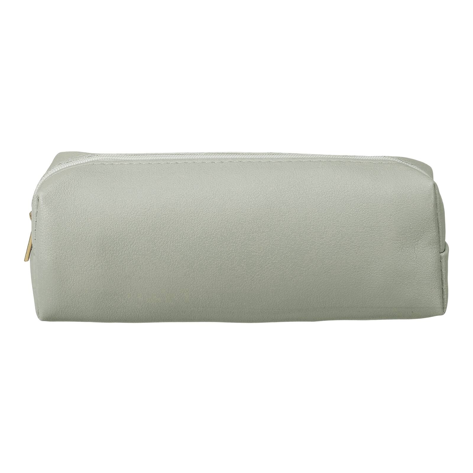Front. Unique Bargains - 1pc Leather Pen Pouch, Small Zippered Pencil Case, Stationery & Makeup Organizer for Adults - Grey.