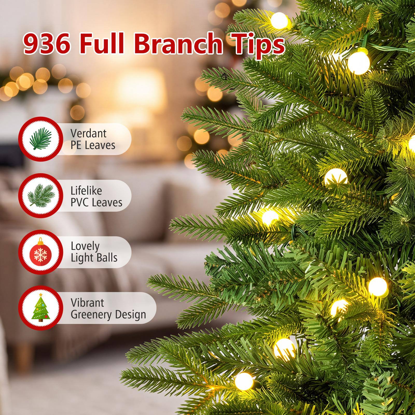 936 Full Branch Tips

- Verdant PE Leaves
- Lifelike PVC Leaves
- Lovely Light Balls
- Vibrant Greenery Design