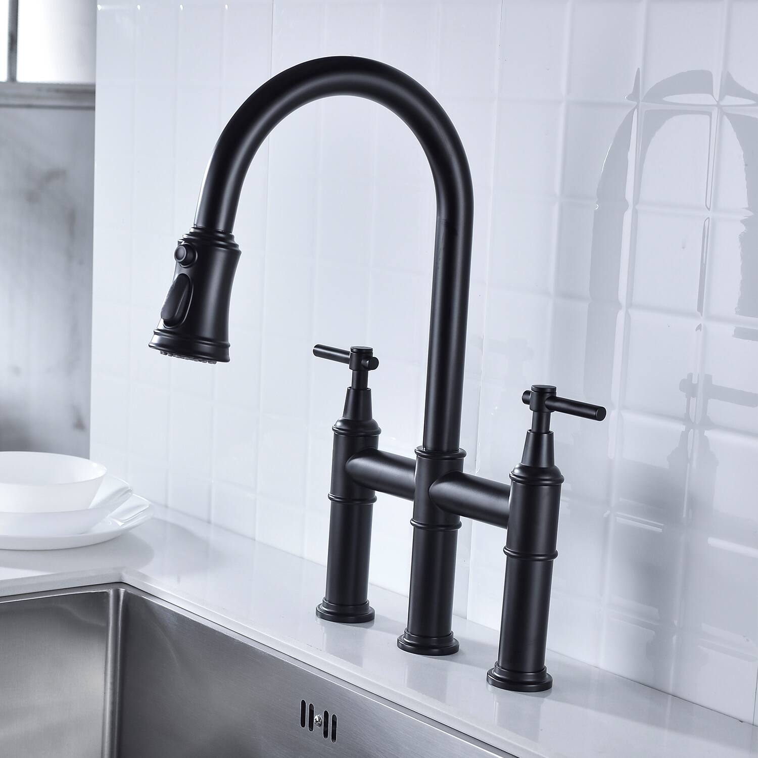 Back. Siljoy - Bridge Kitchen Faucet with Pull-Down Sprayhead in Spot - Matte Black.