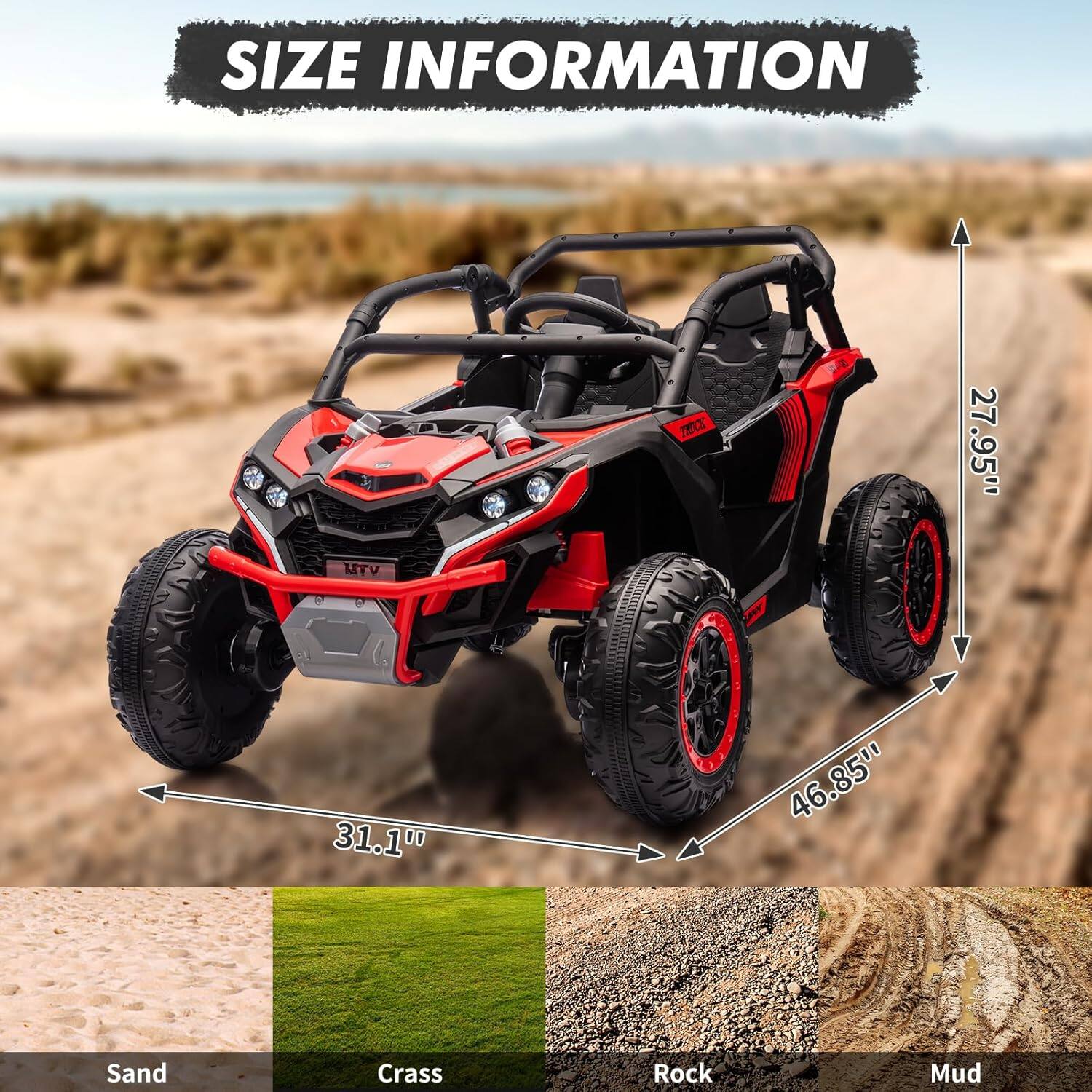 **SIZE INFORMATION**

- Height: 27.95"
- Width: 31.1"
- Length: 46.85"

**Terrain Types:**
- Sand
- Grass
- Rock
- Mud