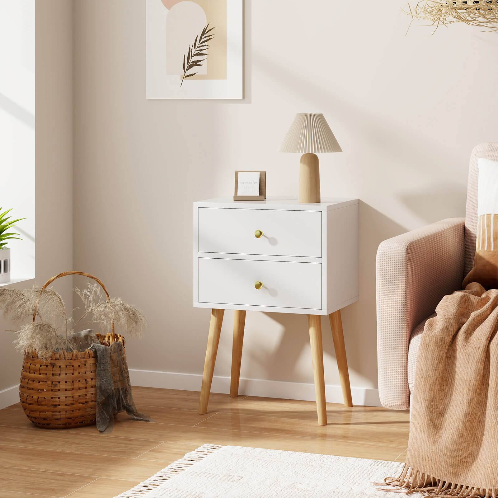 Alt View 5. Costway - Costway 2PCS Mid Century Modern 2 Drawers Nightstand Sofa Side End Table - White.