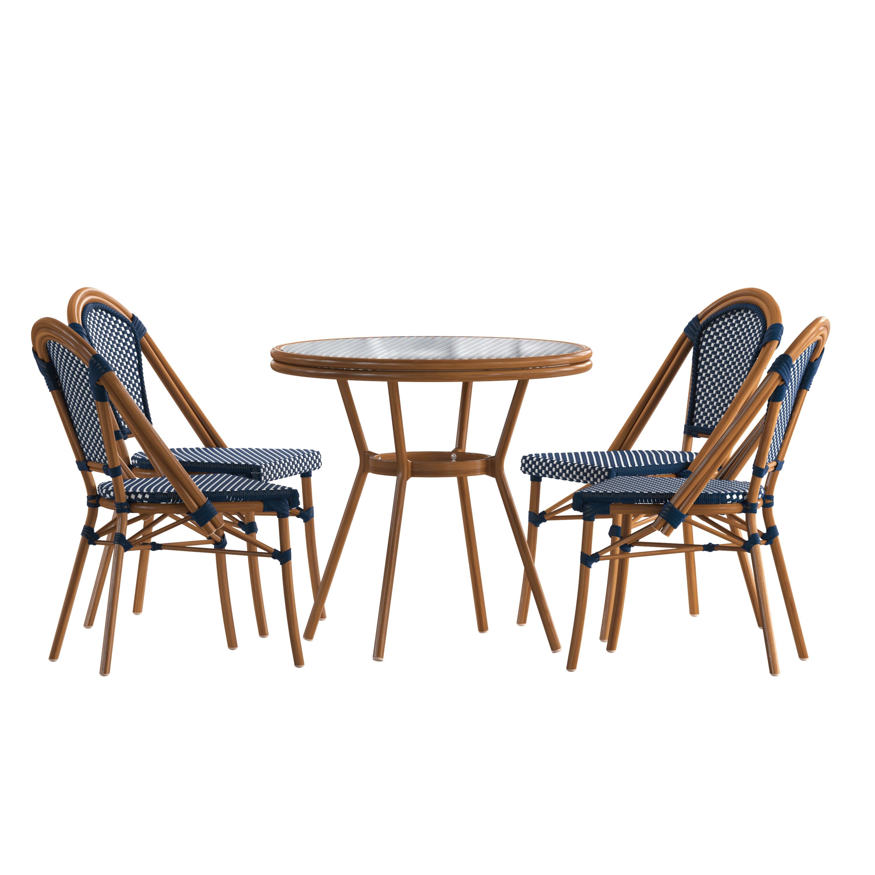Emma + Oliver - Soie Indoor/Outdoor Bistro Style 31.5 in. Table with PE Rattan, Glass Top, and Four Chairs - Metal Frame - Navy & White Rattan/Natural Frame price history on PriceWatchPro