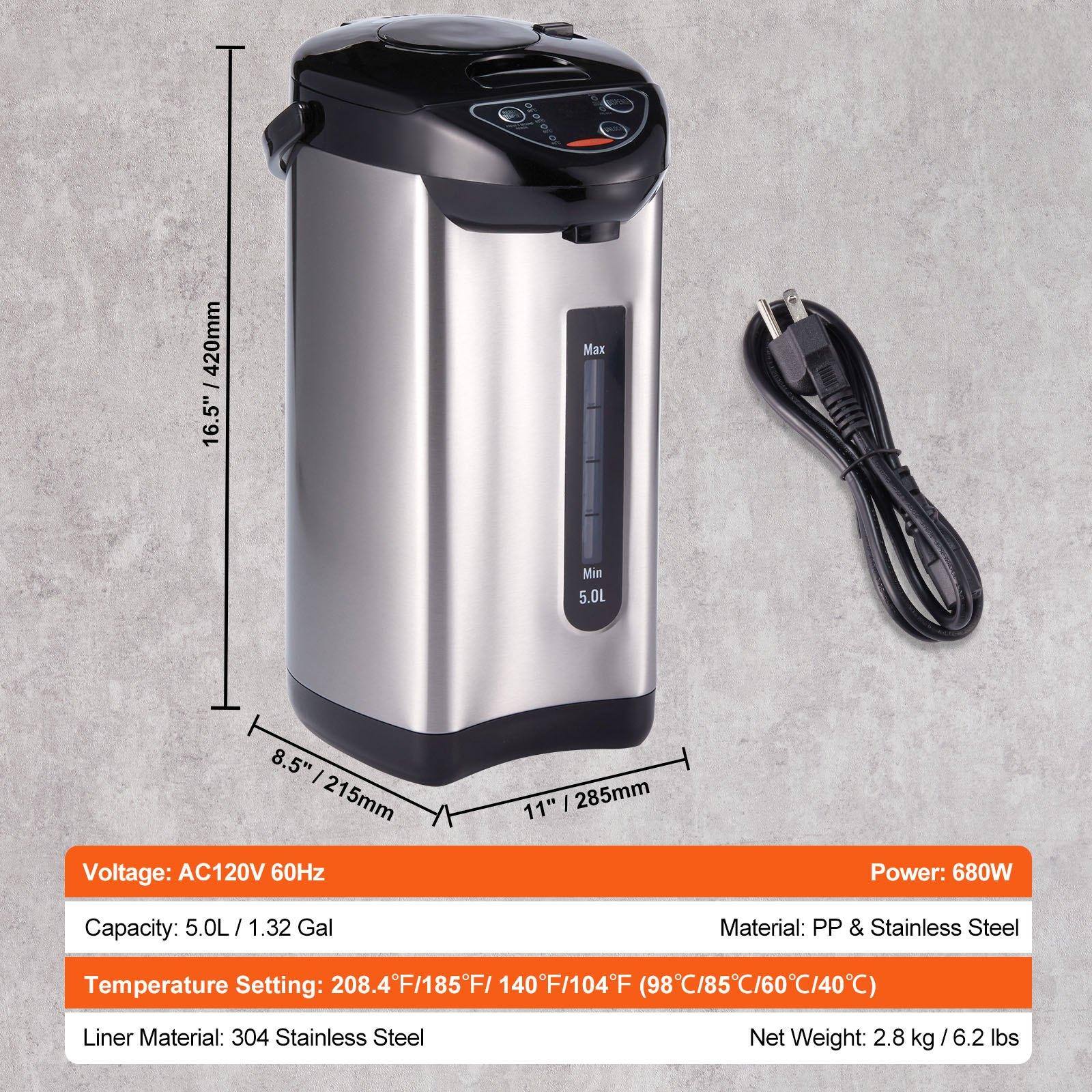- **Dimensions:**
  - Height: 16.5" / 420mm
  - Width: 8.5" / 215mm
  - Depth: 11" / 285mm

- **Capacity:**
  - 5.0L / 1.32 Gal

- **Voltage:**
  - AC120V 60Hz

- **Power:**
  - 680W

- **Temperature Setting:**
  - 208.4°F / 185°F / 140°F / 104°F (98°C / 85°C / 60°C / 40°C)

- **Material:**
  - PP & Stainless Steel

- **Liner Material:**
  - 304 Stainless Steel

- **Net Weight:**
  - 2.8 kg / 6.2 lbs