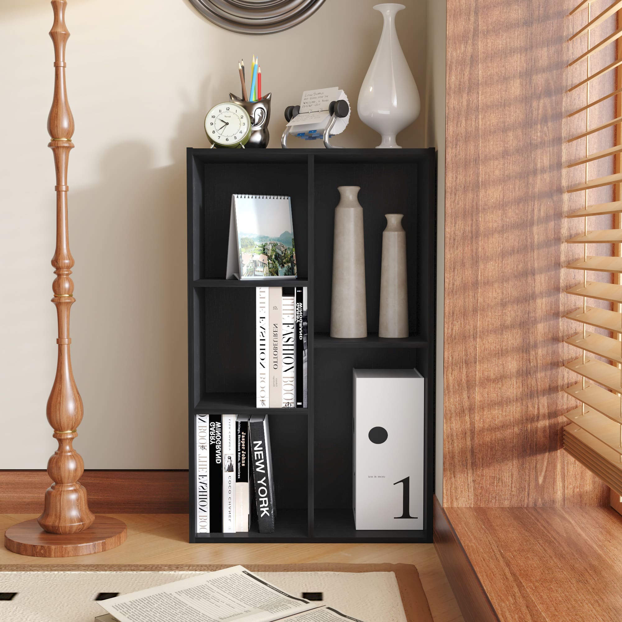 HOMLUX - 5-Cube 31.5" Wooden Reversible Bookcase Standing Bookshelf Storage Organizer Bookshelves for Office Living Room - Black